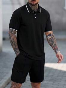 Manfinity Homme 男士提花罗纹领短袖休闲Polo衫套装 - 黑色 - 查看 1