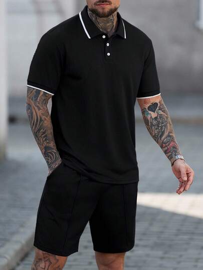 Manfinity CasualCool Herrpolotröja med jacquardmönster och kortärmad krage, casual set