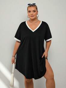SHEIN CURVE+ Plus Size Women V-Neck Black And White Patchwork Casual Dress Vacation Cruise Travel Beach Club Tennis Sunbathi Ladies Dresses Summer - Black and White - View 7