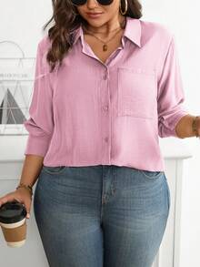 Vionelle Plus Size Solid Color Front Button Pocket Casual Long Sleeve Shirt - Baby Pink - View 5