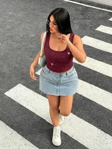 GalTyme 大码水钻装饰休闲优雅度假/工作/办公室/早午餐套装，仙气舒适的演唱会服装，女士白色亮面背心，时尚性感夜店日常穿搭，春夏迷雾蓝大码吊带背心 - 紅色 - 查看 4