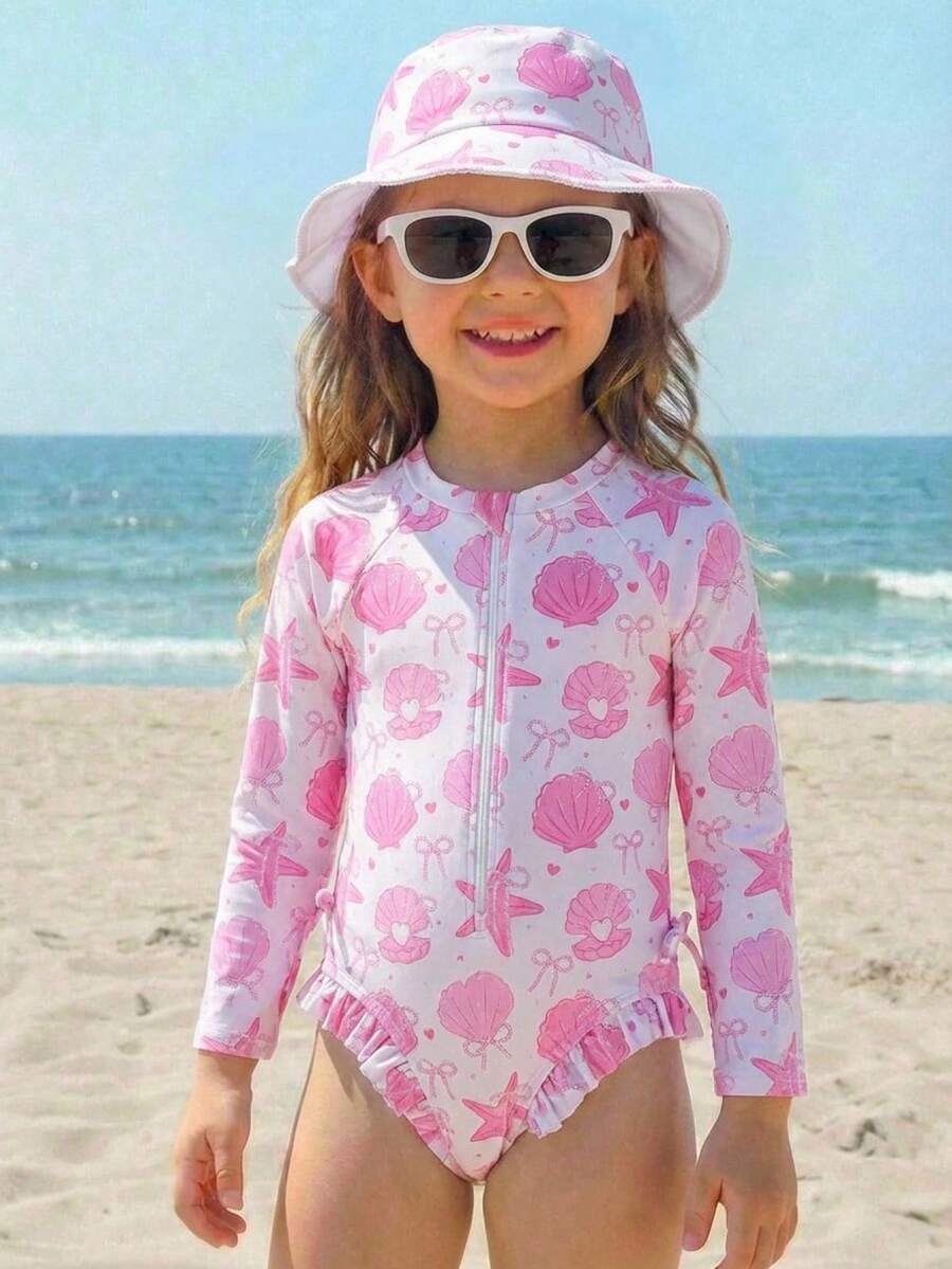 SHEIN Bộ đồ bơi dài tay in hình vỏ sò màu hồng cho bé gái (kèm mũ), bộ đồ bơi cho bé gái, trang phục đi biển cho bé gái, bộ đồ bơi dài tay đi biển thích hợp cho kỳ nghỉ, bộ đồ bơi cổ tròn có khóa kéo mùa hè. - Màu Hồng baby - Xem 1