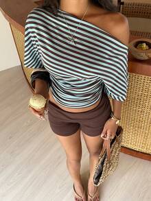 Aloruh Áo kiểu dáng rộng rãi, lệch vai, thắt eo, áo thun cơ bản tối giản. - Nhiều màu - Xem 6