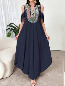 Al Najma Floral Patchwork Off-Shoulder Elegant Arabic Style Dress - Royal Blue - View 4