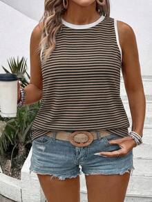 EMERY ROSE 女士春夏新款条纹印花撞色滚边休闲百搭大码背心 - 彩色 - 查看 3