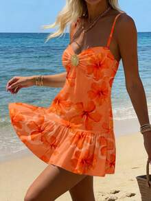 SHEIN EZwear Đầm nữ cổ chữ V không tay in hoa vintage, trang trí họa tiết hoa xếp ly, viền bèo nhún, phong cách nghỉ dưỡng bãi biển Pháp thanh lịch, gợi cảm cho tiệc tùng, lễ hội âm nhạc, hẹn hò Valentine, đầm ngắn lãng mạn thường ngày cho mùa xuân/hè. - Nhiều màu - Xem 8