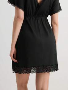 Hourtrue Camisón de pijama con lazo delantero de encaje a contraste - Negro - Ver 8