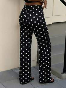 Muchica Woven Black White Polka Dot Polka Dot Women Casual Vacation Pants, Summer Business Cute For Woman Outfits Day Vacation City Break Vacation - Black - View 2