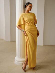 ZEYLAH Elegant Solid Color Side Cinched Waist Slit Dress - Yellow - View 5