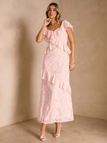 Enchnt Gaun Pesta/Koktail/Pernikahan/Prom Panjang Wanita Warna Pink Muda Polos dengan Hiasan Ruffle di Bagian Bawah dan Pinggang yang Dikencangkan, Warna Pink Terang - Coral Pink - View 5