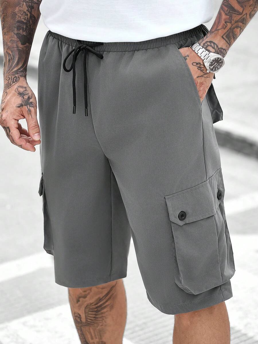 Manfinity CasualCool Quần short nam kiểu cargo nhiều túi, màu trơn, có dây rút. - Màu xám đen - Xem 1