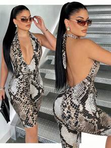SHEIN SXY Plus Size Women's Snake Print Halter Neck Tie Cutout Sexy Romper For Vacation - Multicolor - View 2