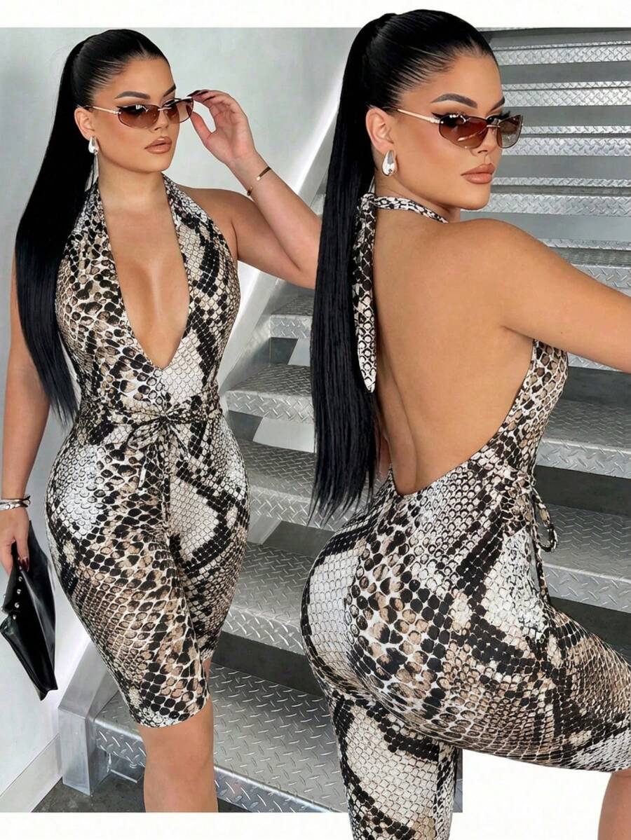 SHEIN SXY Plus Size Women's Snake Print Halter Neck Tie Cutout Sexy Romper For Vacation
