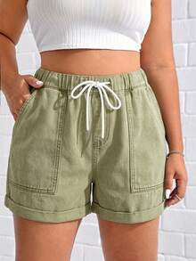 SHEIN ICON Quần short denim dáng rộng dành cho nữ cỡ lớn, có dây rút ở eo và túi. - màu xanh lá - Xem 5