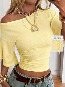 SHEIN EZwear Women's Casual Vacation & Commute Solid Color Asymmetrical Neck Ruched Fitted Cropped T-Shirt, Summer - Pale Yellow - View 8