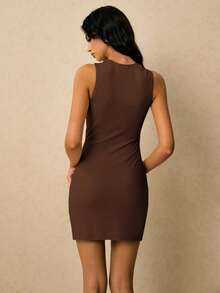 Poéselle Women's Solid Color Metal Decor Ruched Waist Elegant Seductive Mini Dress,Summer Coffee Brown Night Out Zanea Dress For Cocktail Party And Dates - Brown - View 8
