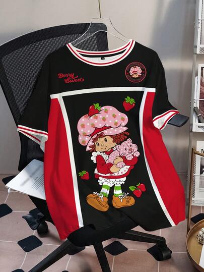 Strawberry Shortcake X SHEIN Plus Size Colorblock Cartoon Character Print Casual Round Neck Short Sleeve T-Shirt, Summer