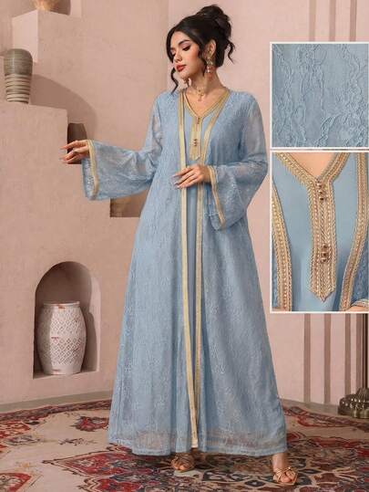 Al Najma Áo khoác cardigan và váy không tay viền ren thanh lịch, áo choàng dài truyền thống Thổ Nhĩ Kỳ và Ả Rập dành cho phụ nữ.