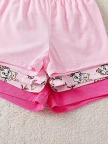 SHEIN 6件套女婴可爱兔子印花休闲短裤套装，春夏款 - 粉色 - 查看 3