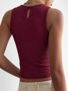 Modelyn Blusa elegante y romántica de mujer con textura de encaje de parchwork, sin mangas, con recogido en la cintura y línea A, en color rojo vino, para primavera/verano - Burdeos - Ver 2