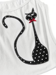 ROMWE Kawaii 可爱波点猫咪刺绣蝴蝶结无袖上衣，女士夏季穿搭 - 白色 - 查看 3