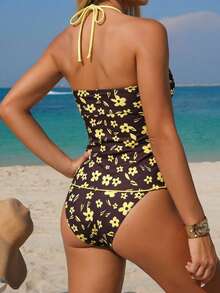 Swim Lushoire Bộ bikini 2 mảnh mùa hè dành cho nữ, kiểu dáng thoải mái, in họa tiết ngẫu nhiên, đính cườm, có dây rút, gồm áo crop top và quần bikini buộc dây bên hông gợi cảm, thích hợp cho kỳ nghỉ biển. - Nhiều màu - Xem 2