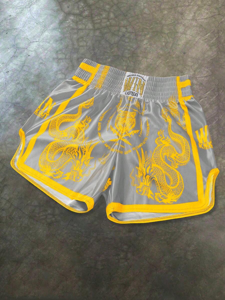 Manfinity Roghcode Manfinity Streetrush 男士短裤套装,弹力腰带,高弹力,高腰短裤版型,超短裤,光泽面料,黑白龙虎图案,泰式拳击短裤,运动休闲篮球短裤,侧开衩,ins 热门单品,适合年轻休闲运动日常通勤和度假穿着,送给男友和老公的首选礼物,情侣装 - 淺灰色 - 查看 1