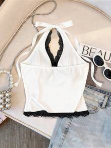 SHEIN Franclia Women's Lace Patchwork Halter Neck Tie Camisole Halter Top Lace Trim Top Bowknot Detail Top White Crop Top Sleeveless Top - White - View 2