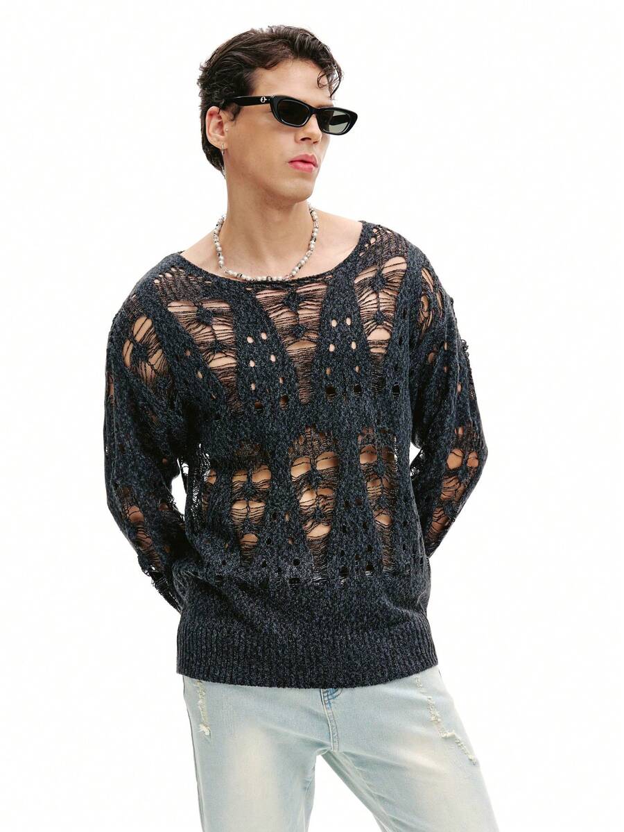 DSELFIQUE 男士纯色破洞落肩毛衣，适合秋季穿着，长袖上衣 - 深灰色 - 查看 1