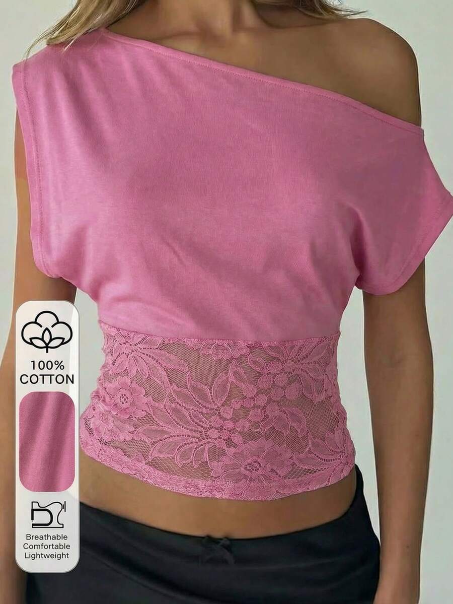 DAZY Women's Loose Lace Patchwork Hollow Out Casual Street T-Shirt With Shoulder Cut-Out - Pink - View 1