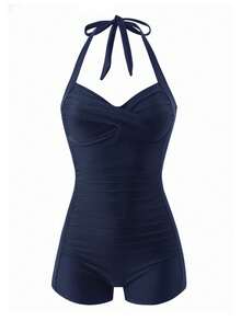 Swim Vcay Women's Solid Color Backless Halter One-Piece Swimsuit For Beach Vacation Vacation Cruise Travel Beach Sunbathi - Navy Blue - View 6