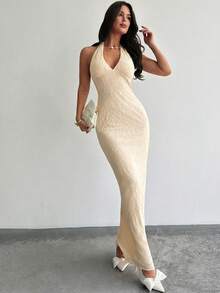 Firerie Đầm maxi ôm sát không tay cổ chữ V lãng mạn mới, thanh lịch cho buổi hẹn hò ngày Valentine, mùa xuân/hè. - Màu be - Xem 8