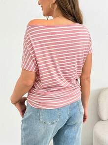 SHEIN Essnce Plus Size Women's Pastel Pink Striped Off-Shoulder Short-Sleeved T-Shirt,Summer Casual Everyday Loose Comfortable Slim Work Tops,Cruise Outfits - Pink - View 2