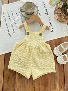 LMoss Kids Áo liền quần cổ vuông dệt trơn phối hoa nhí cho bé gái - Màu vàng - Xem 4