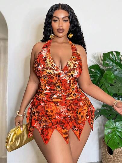 Slaydiva Bộ đồ bơi cỡ lớn Xuân/Hè 2026, họa tiết hoa lá nhiều màu sắc, cổ chữ V sâu, viền lưới nhún bèo hai bên, cạp cao, trang phục gợi cảm cho kỳ nghỉ biển và hồ bơi.