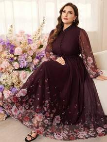 Modelyn Đầm maxi dáng chữ A lãng mạn, thanh lịch, dài tay, in họa tiết hoa và phối lưới cho nữ cỡ lớn, thích hợp cho kỳ nghỉ. - Nhiều màu - Xem 1