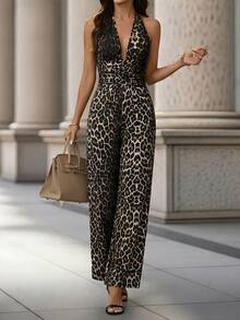 Editum Women's Elegant Brown Leopard Print Halter Tie Waist Jumpsuit,Seksi Chic Ruched Straight Leg Outfit For Summer Vacation,Holiday Cocktail Party Club - Multicolor - View 7