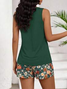 SHEIN Lady 2 件套女士休闲撞色碎花无袖圆领吊带背心和短袖衬衫上衣，适合夏季 - 彩色 - 查看 2