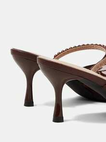 CUCCOO HITCHD Women Shoes Spring And Autumn New Elegant Temperament Mesh Embroidery Beaded Pointed Heel Medium Heel Retro Style Solid Color Women's High Heel Shoes Daily Commuting Dating Banquet Versatile Women's Shoes - Brown B - View 4