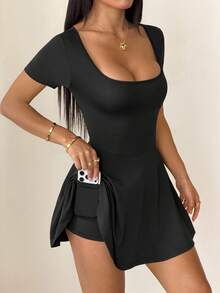 SHEIN PETITE Đầm ngắn dệt kim màu đen dành cho nữ, đầm mùa hè, trang phục mùa xuân. - màu đen - Xem 9