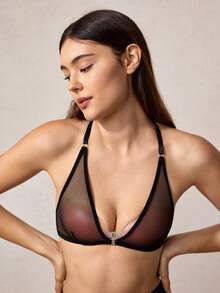 Veilyse 性感女款素色網紗前扣內衣，適合夏季 - 黑色 - 查看 8