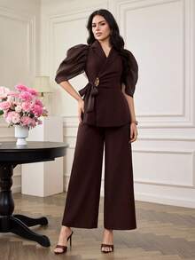 Modelyn 女士花瓣袖西装外套和阔腿裤套装，腰部系带，通勤优雅两件套 - 咖啡棕 - 查看 3