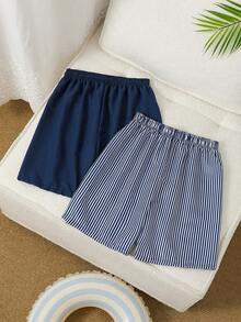 SHEIN 男童两件套泳衣，海军蓝纯色+条纹印花梭织面料，清爽海滩度假风，适合夏季穿着 - 藏蓝色 - 查看 2