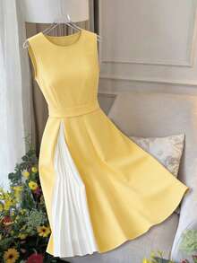 Elenzga Đầm nữ cao cấp kiểu Pháp cổ tròn, xếp ly, phối nhiều lớp, eo thon, thanh lịch, thích hợp cho công sở, phong cách tối giản, hàng mới về. - Màu vàng - Xem 5