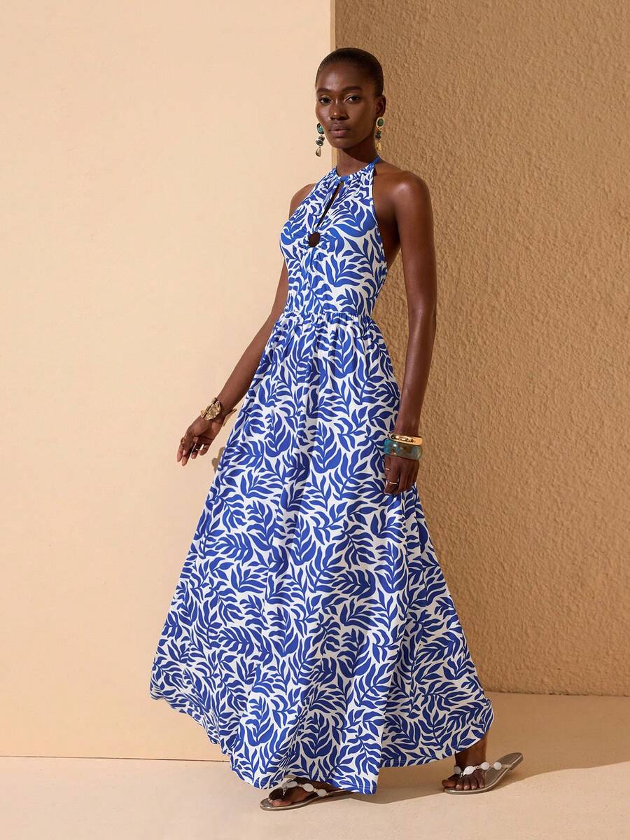 JIAN LASALA All-Over Print Halter Neck Backless Women Maxi Dress Vacation Casual Summer - Blue - View 1