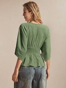 BizChic 春夏新款纹理竖条纹褶皱蝙蝠袖松紧腰显瘦荷叶边下摆女式衬衫，复古学院风，百搭夏季穿着，也适合复活节、圣帕特里克节等场合。 - 綠色 - 查看 6