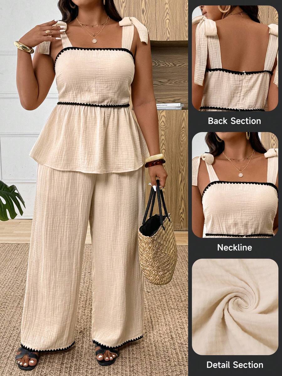 SHEIN Frenchy 大码女式撞色褶皱肩部打结设计上衣和阔腿裤休闲两件套 - 杏色 - 查看 1