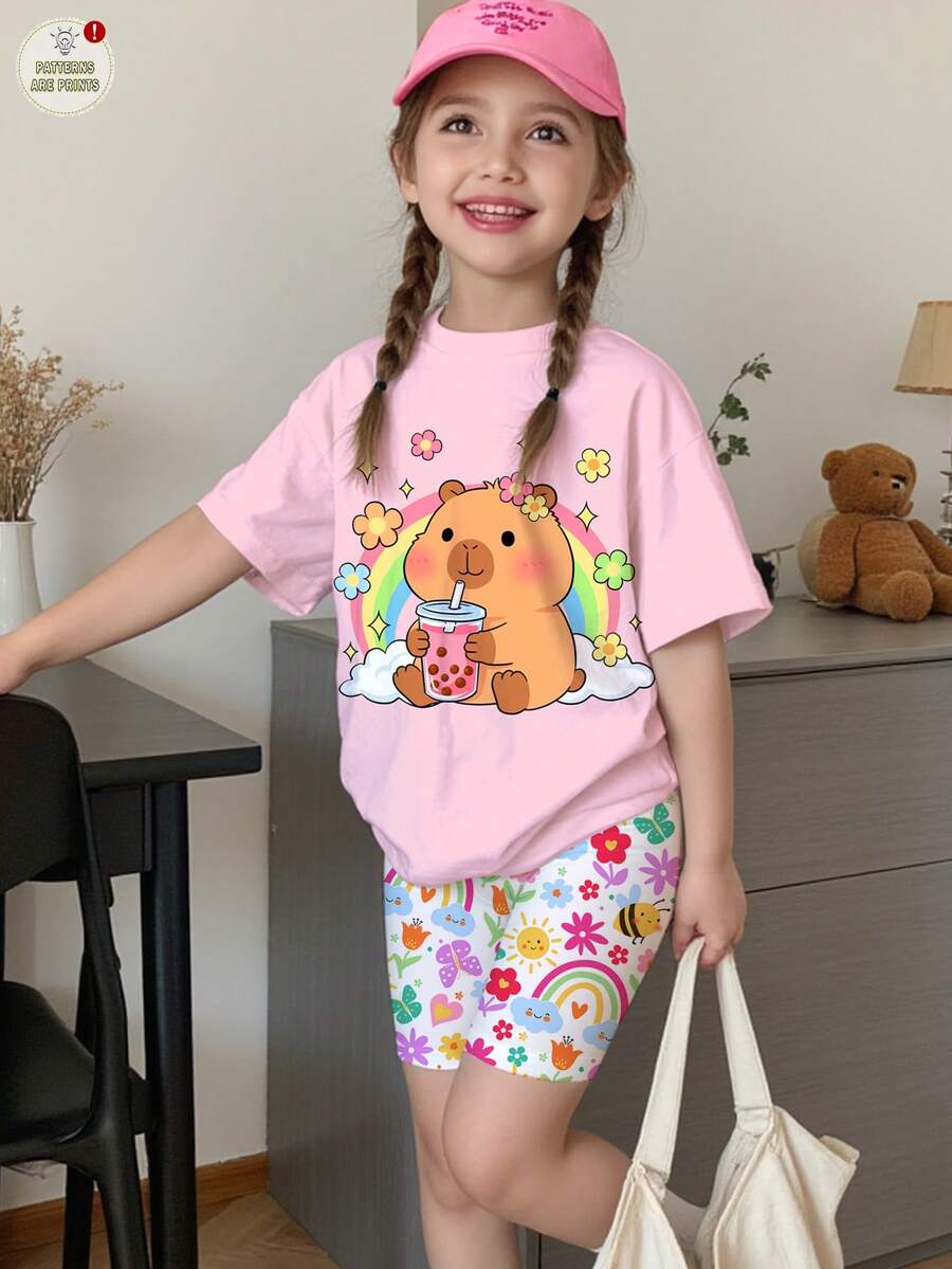 SHEIN 两件套女童休闲可爱水豚、花朵图案、彩虹、昆虫、蝴蝶、奶油粉色度假风圆领短袖T恤搭配紧身打底裤,适合春夏日常穿着、度假、Y2K风格,可爱女童套装 - 彩色 - 查看 1