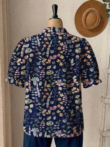 EMERY ROSE Casual Minimalist Floral Print Lantern Sleeve Shirt For Plus Size Women, Suitable For Summer - Multicolor - View 2