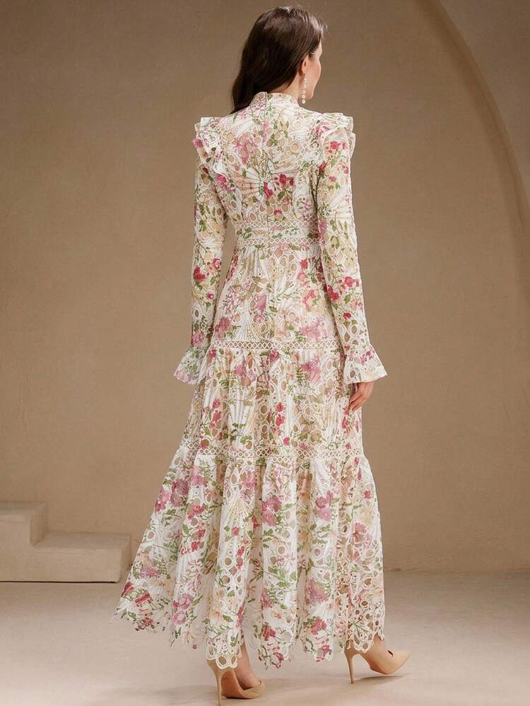 Women's Elegant Date Night French Romantic Long Sleeve Ruffle Waist Hollow Lace Floral Print Maxi Dress, Valentine's Day Romantic Floral